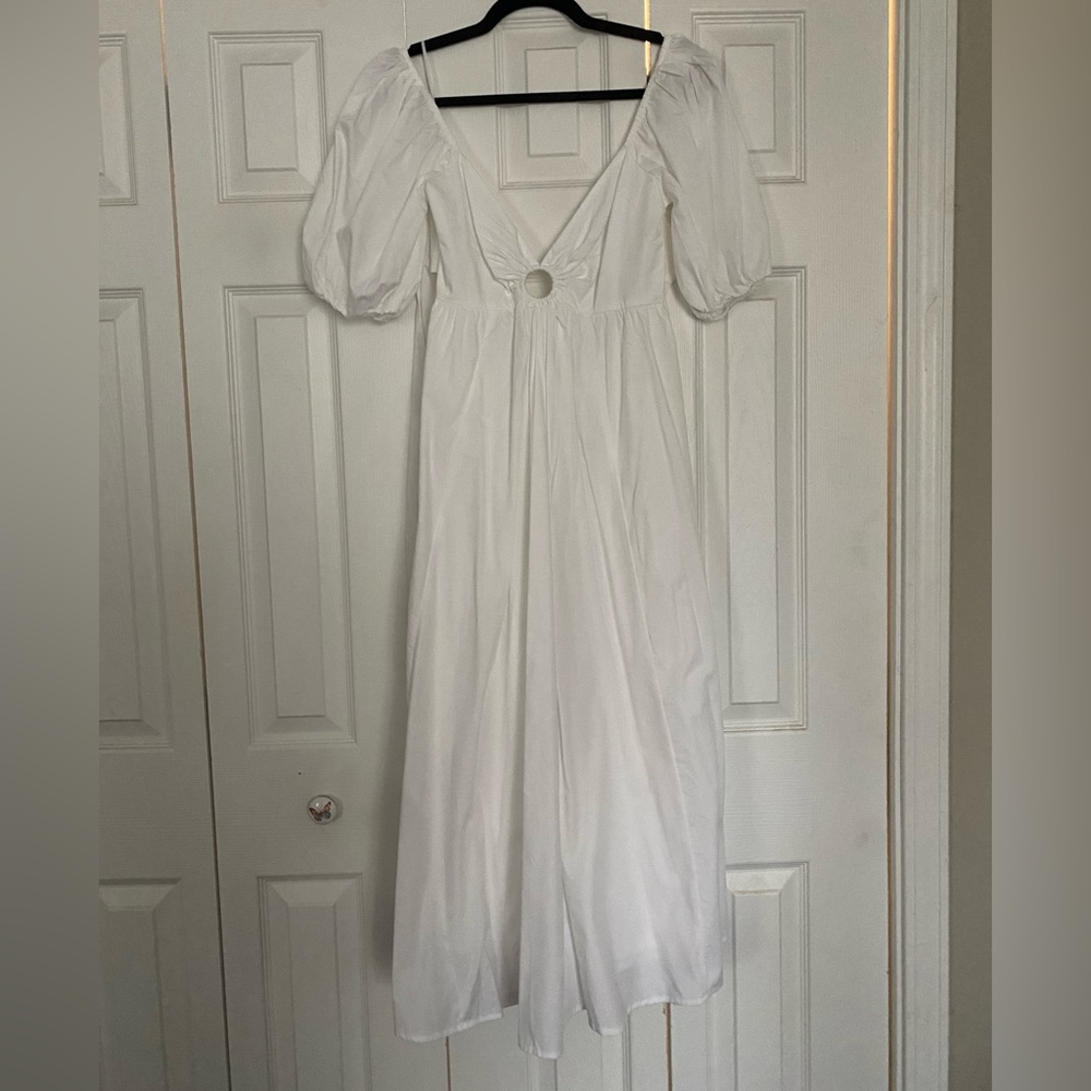 Abercrombie O-Ring Puff Sleeve Midi Dress - white, small